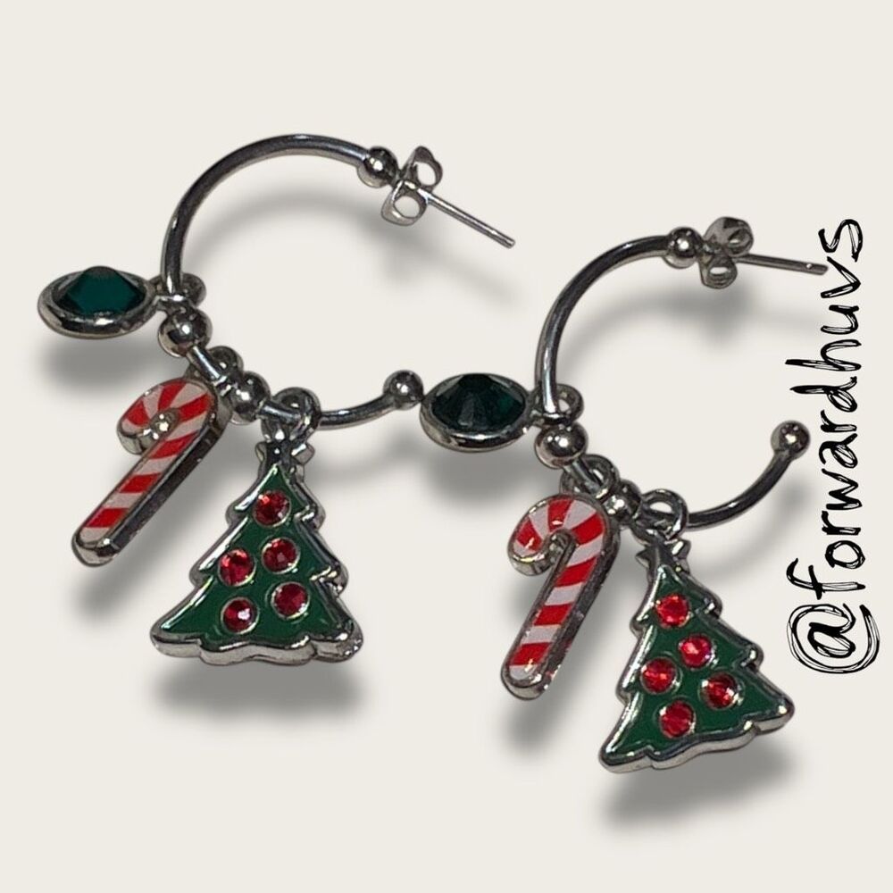 Vintage Christmas Charm Hoop Earrings - Holiday Dangle Charms